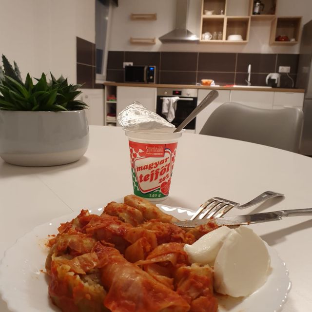 'Töltött Kaposzta' - mein Lieblingsessen in Ungarn. Im Hintergrund ist meine Küchenzeile zu sehen.