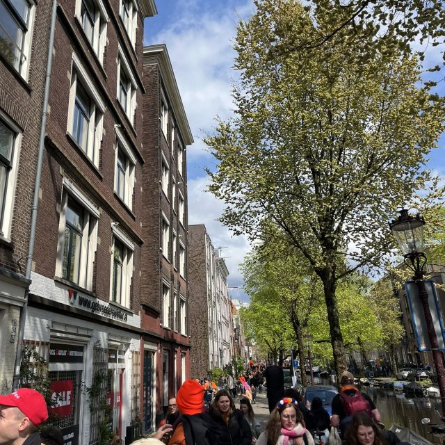 Blick auf eine Straße in Amsterdam voller Menschen. Links sieht man eine Häuserfront aus Backstein. Rechts stehen viele Bäume.